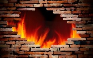 Fire Burning Building in Wall